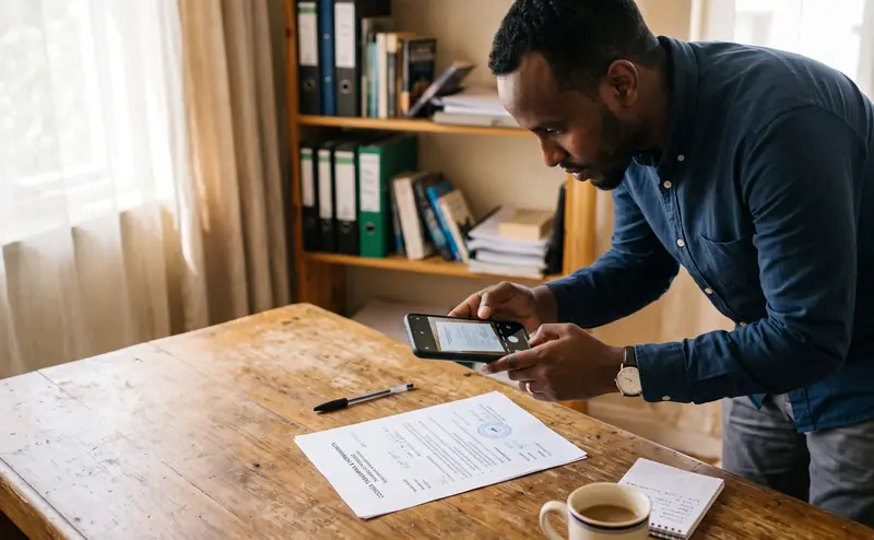 A man photographs an official letter with his phone