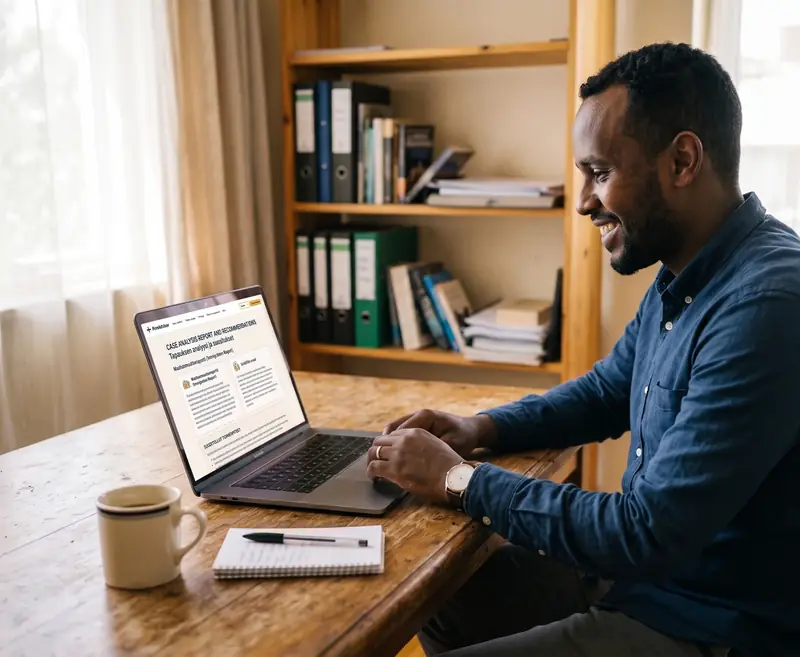 The same man smiles as he reads the analysis on his laptop